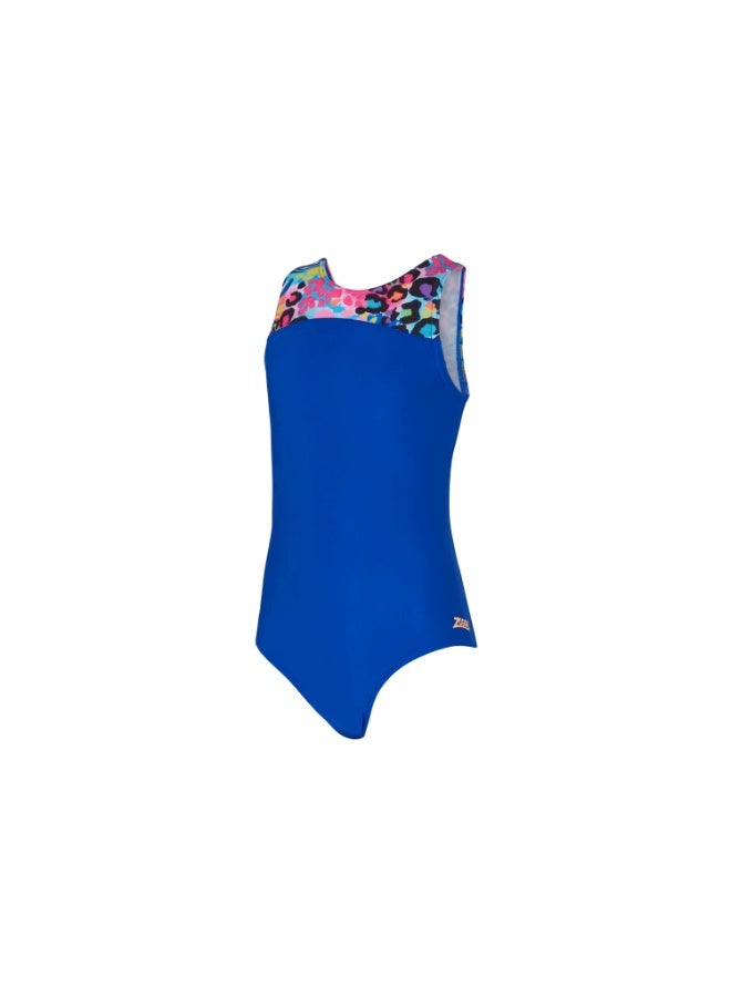 Zoggs Girls Safari Infinity Back Swimsuit  Navy/Orange | Ecolast+ Fabric, 100% Chlorine Proof, Quick-Dry, UPF 50+, Eye-Catching Jungle Print  Built for Comfort & Performance | 463122-SAFF28 - Image 1