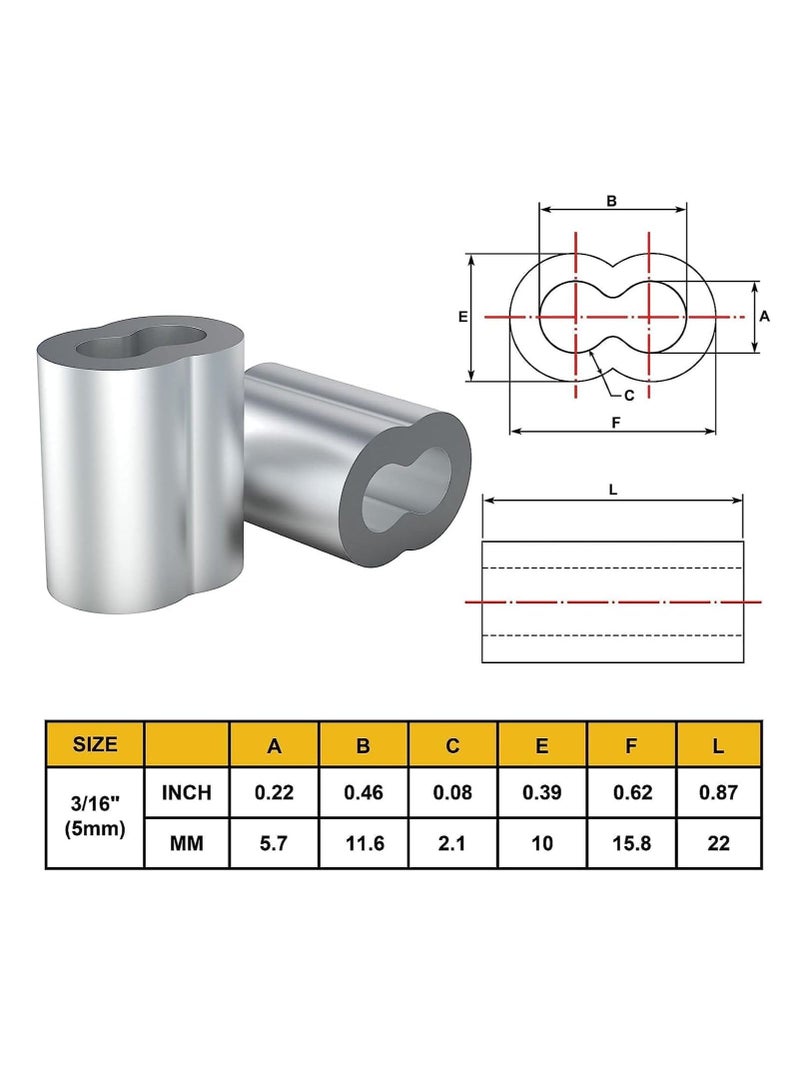Excefore 50 Pcs Aluminum Sleeves, Clips Aluminum Crimping Loop Sleeve Clips with Double Ferrules, Aluminum Crimping Loop Sleeve 3/16", Cable Ferrule Wire Rope Sleeves Loop Sleeve  - Image 3