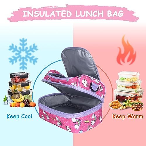 Kasqo Lunch Bag Box for Girls, 6.5L Insulated Cooler Bag Kids Lunch Tote with Dual Compartments, Pink Kitty - Image 3