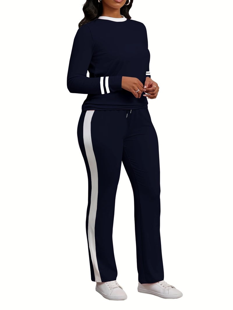 PINSV Women's 2 Piece Outfits Long Sleeve Tops Sweatpants Colorblock Bodycon Lounge Sets Tracksuits Navy Blue XL - Image 3