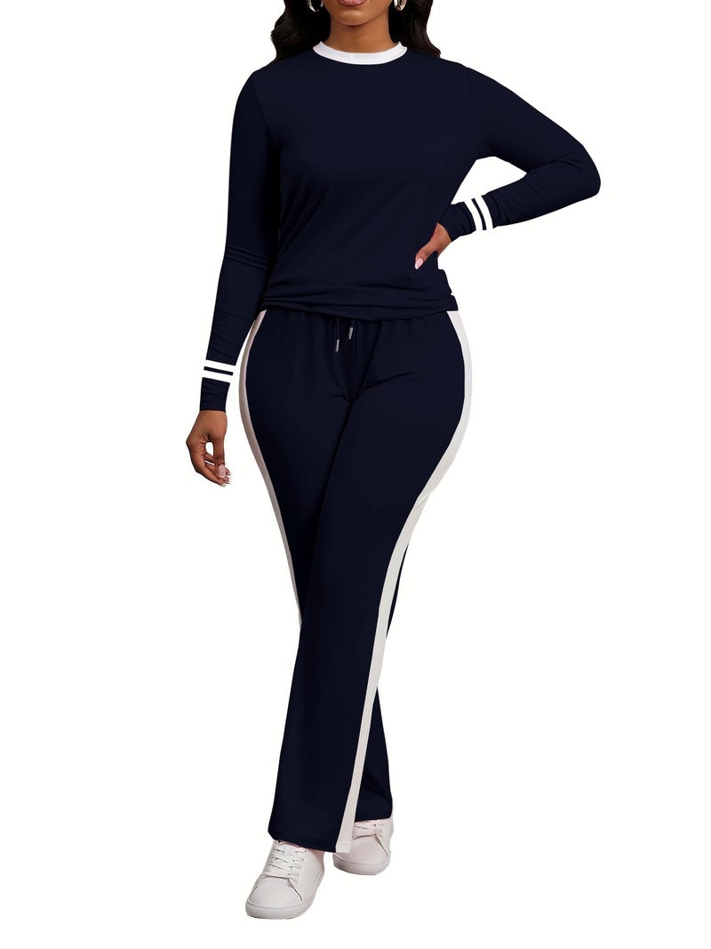 PINSV Women's 2 Piece Outfits Long Sleeve Tops Sweatpants Colorblock Bodycon Lounge Sets Tracksuits Navy Blue XL - Image 4