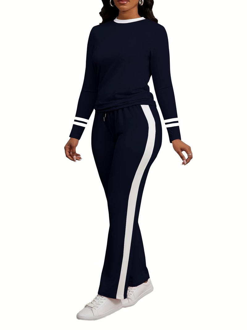 PINSV Women's 2 Piece Outfits Long Sleeve Tops Sweatpants Colorblock Bodycon Lounge Sets Tracksuits Navy Blue XL - Image 2