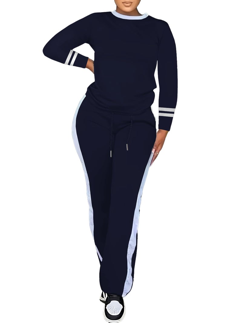 PINSV Women's 2 Piece Outfits Long Sleeve Tops Sweatpants Colorblock Bodycon Lounge Sets Tracksuits Navy Blue XL - Image 1
