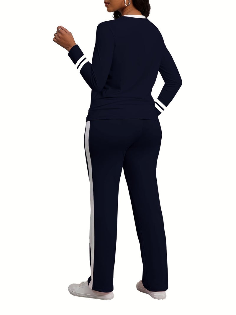 PINSV Women's 2 Piece Outfits Long Sleeve Tops Sweatpants Colorblock Bodycon Lounge Sets Tracksuits Navy Blue XL - Image 5