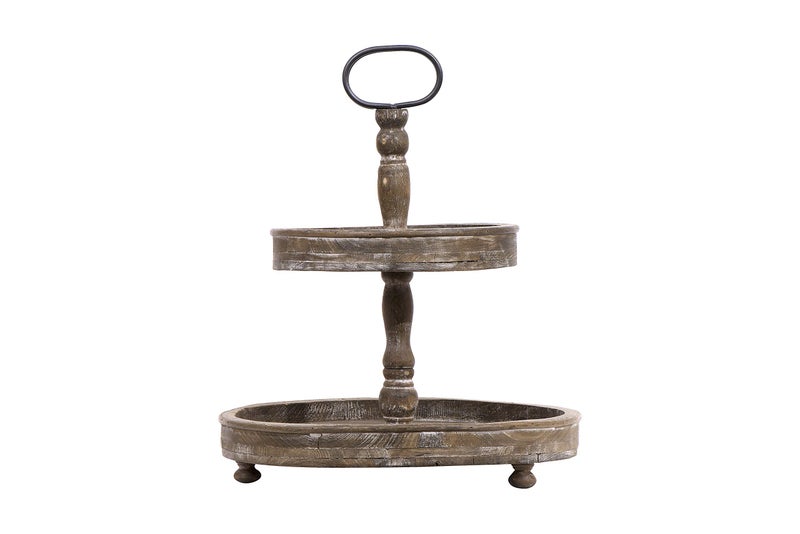 Distressed Brown Wood 2Tier Tray with Metal Handle