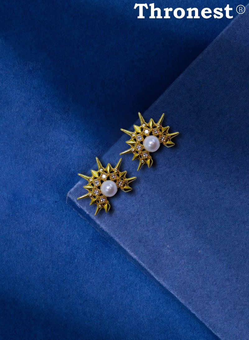 عرش قرط ذهبي من اللؤلؤ، قرط ذهبي مضاد للحساسية، مجوهرات عصرية للنساء ومثالية للحفلات والزفاف والهدايا والملابس اليومية - Image 2