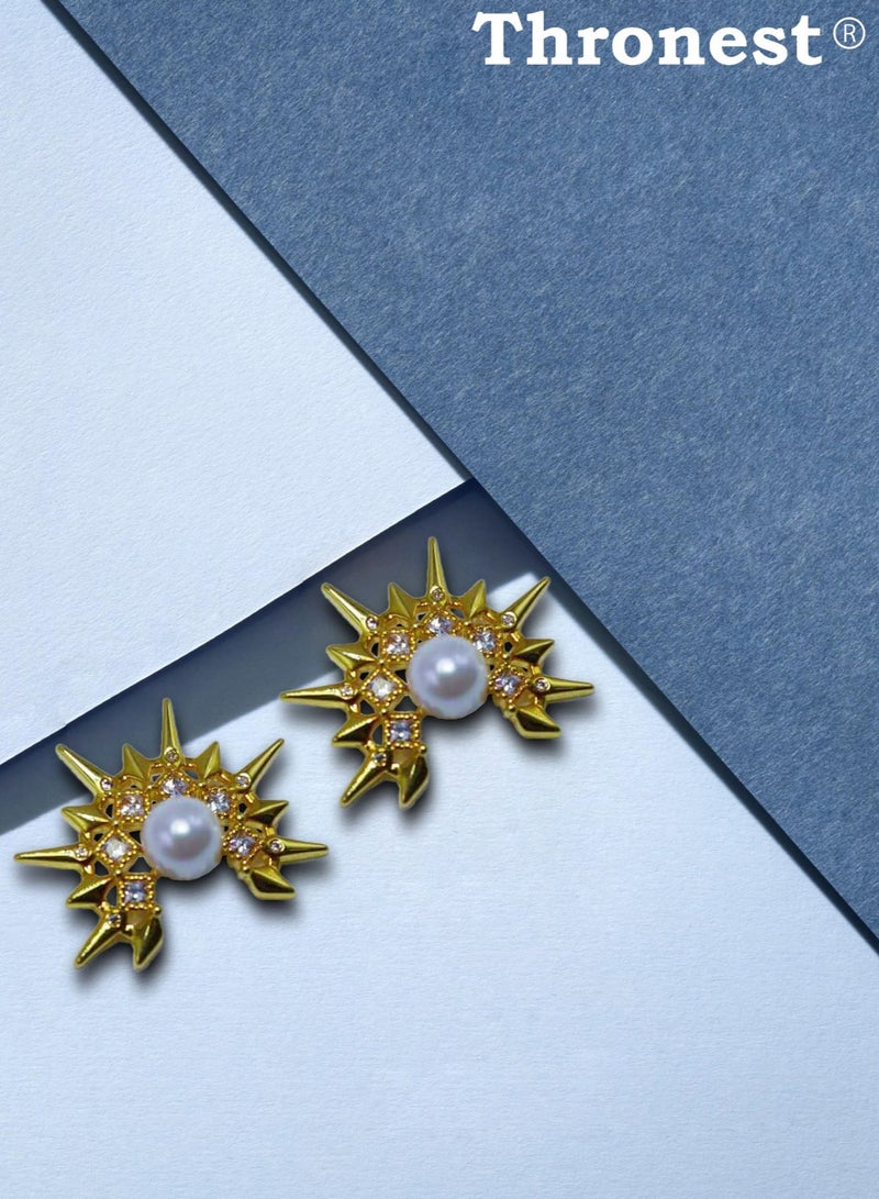 عرش قرط ذهبي من اللؤلؤ، قرط ذهبي مضاد للحساسية، مجوهرات عصرية للنساء ومثالية للحفلات والزفاف والهدايا والملابس اليومية - Image 3