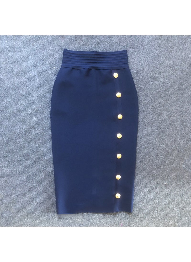 Generic - 2022 Autumn New High-Waisted Slimming Single-Row Button Design Mid-Length Dress Tummy Control Shapewear Underneath Dark Blue - Image 1