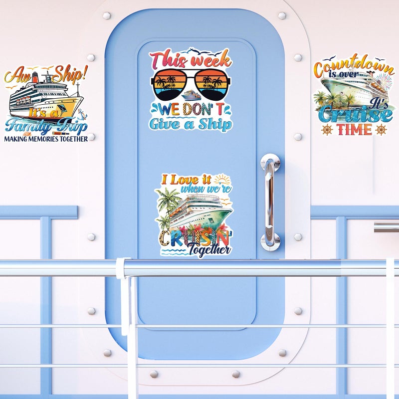 Wxiben Family Cruise Door Decorations Magnetic - Wxiben 4PCS Vacation Trip Cruise Door Magnets Vintage Summer Beach Palm Tree Cruising Ship Magnet Stickers for Holiday Carnival Cabin Fridge Decor - Image 3