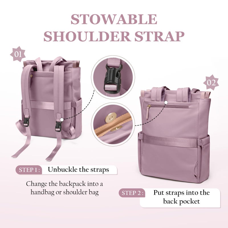 GOLF SUPAGS Convertible Laptop Backpack for Women Casual Daypack Notebook Tote Bag for Work College Travel Leisure (Pinkish Purple) - Image 4