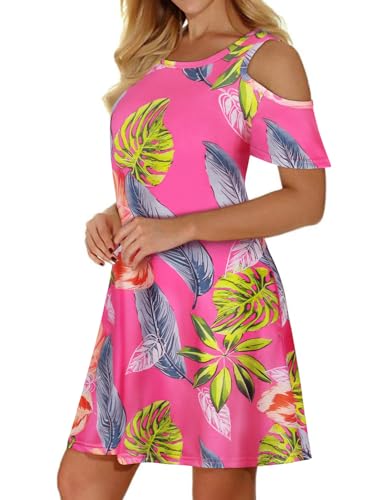 Tanst Sky Vacation Dresses for Women Tropical Summer Short Sleeve Cold Shoulder Dress Flowy Beach Hawaiian Sundresses Cute Resort Wear Pink Leaf 2XL - Image 5