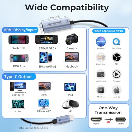 Guermok HDMI Capture Card 4K@60FPS, 2K@144FPS USB 3.0 HDMI to USB C/A Video Capture Card for Streaming, Works with iPad, Switch 2/1, PS5/4, Xbox, Quest 3, Mac OS, Windows, Zoom, OBS, Camera - Image 3