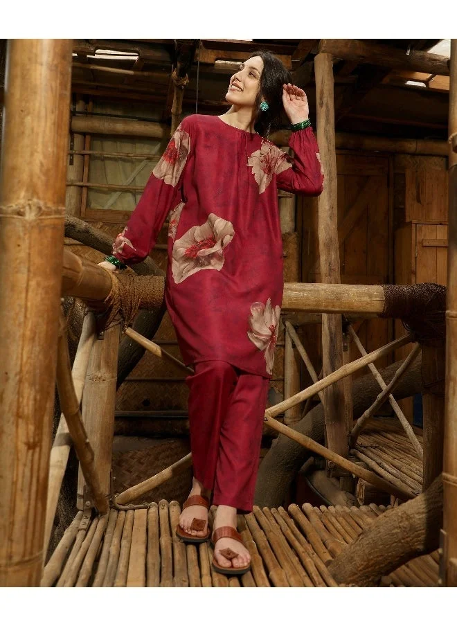 QISSA Women's Rouge Pink Poppy Flora Kurti With Trousers