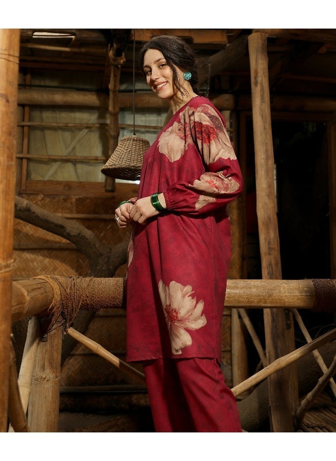 QISSA Women's Rouge Pink Poppy Flora Kurti With Trousers  - Image 5
