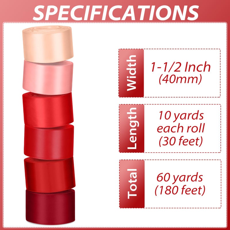 Jacriah 1-1/2 Inch Red Satin Ribbons for Crafts, 6 Rolls Single-Faced Red Assorted Ribbons for Gift Wrapping Flower Bouquet Wedding Invitations Bridal Shower Hair Bows Garland Party Decor - Image 2