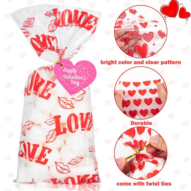 CUDICY Valentine Treat Bags 5x11 with 120PCS Gift Tags Heart 120PCS Cellophane Bags for Cookie Candy Goodie Party Favors, Valentines Day Birthday Wedding Supplies - Image 4