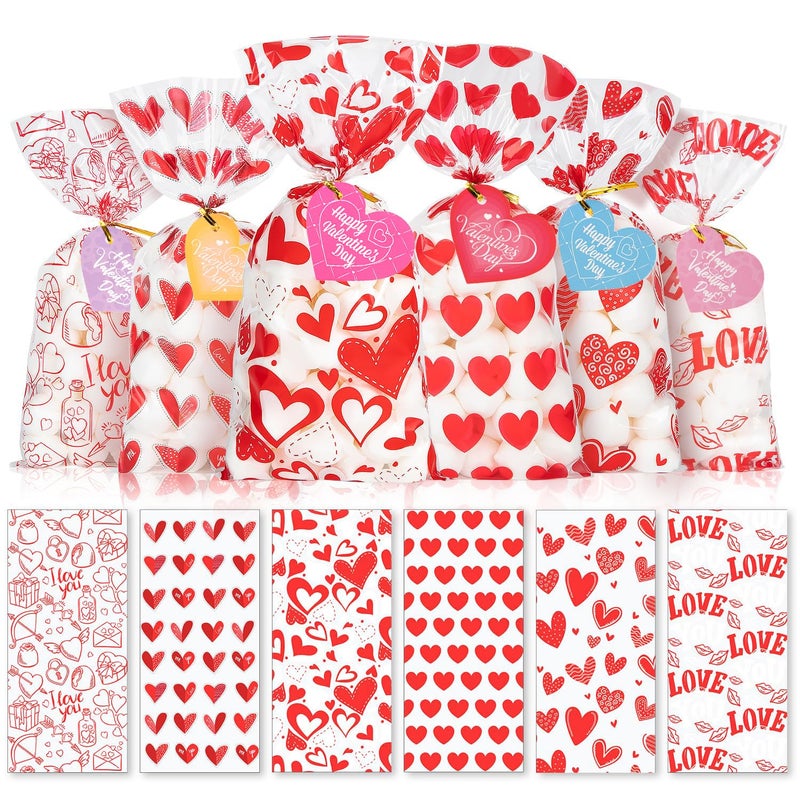 CUDICY Valentine Treat Bags 5x11 with 120PCS Gift Tags Heart 120PCS Cellophane Bags for Cookie Candy Goodie Party Favors, Valentines Day Birthday Wedding Supplies - Image 1