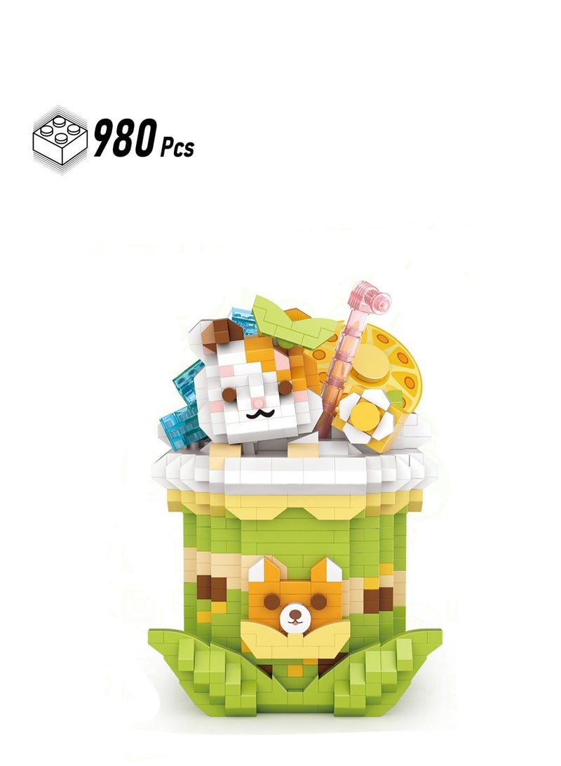 980pcs Green Cat Milk Tea Cup Model Set Building Blocks Creative Diy Simulation Collection Building Assembly Toys Children'S Gift  - Image 1