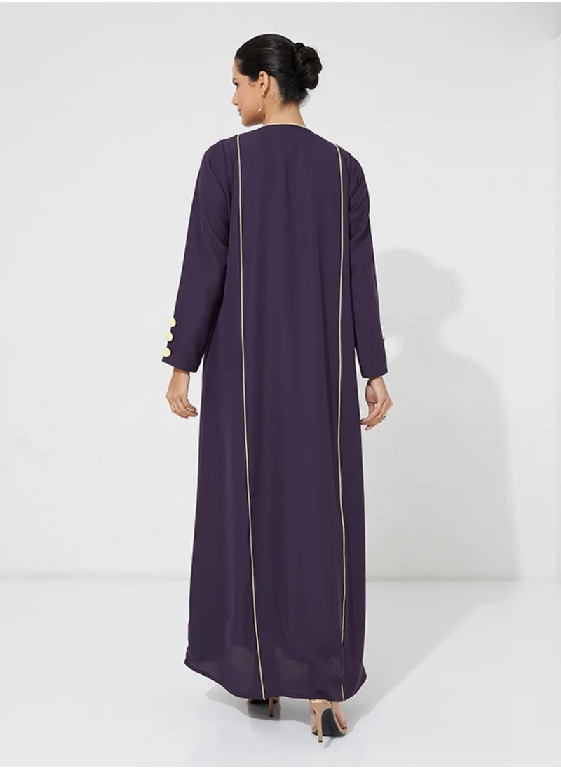 Rosette Abaya Contrast Piping Detail long Sleeves Abaya