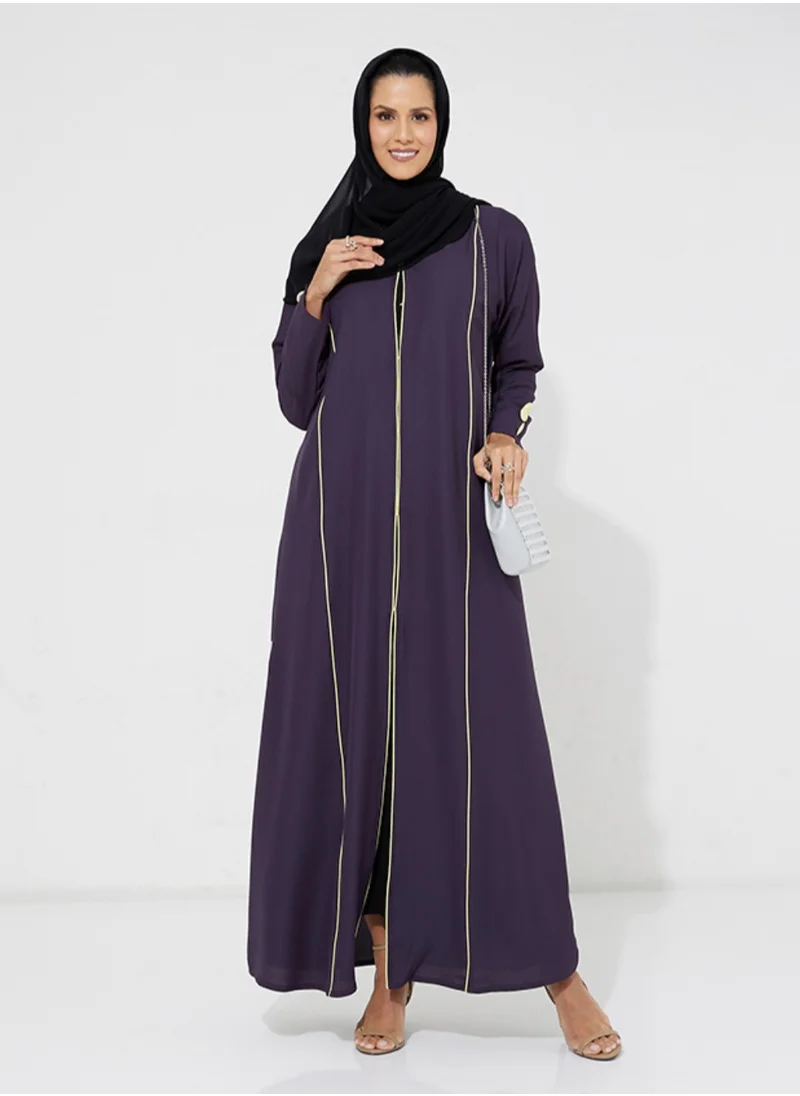 Rosette Abaya Contrast Piping Detail long Sleeves Abaya