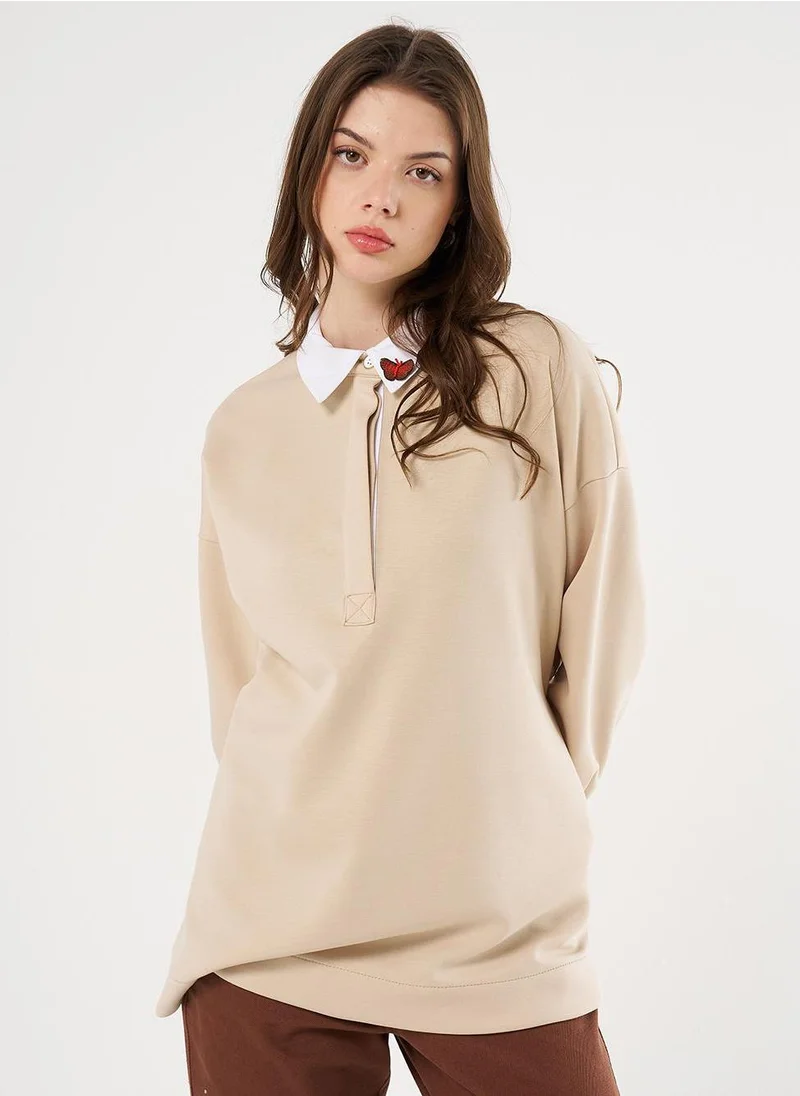 Kayra Buckle Detailed Scuba Sweatshirt Light Beige