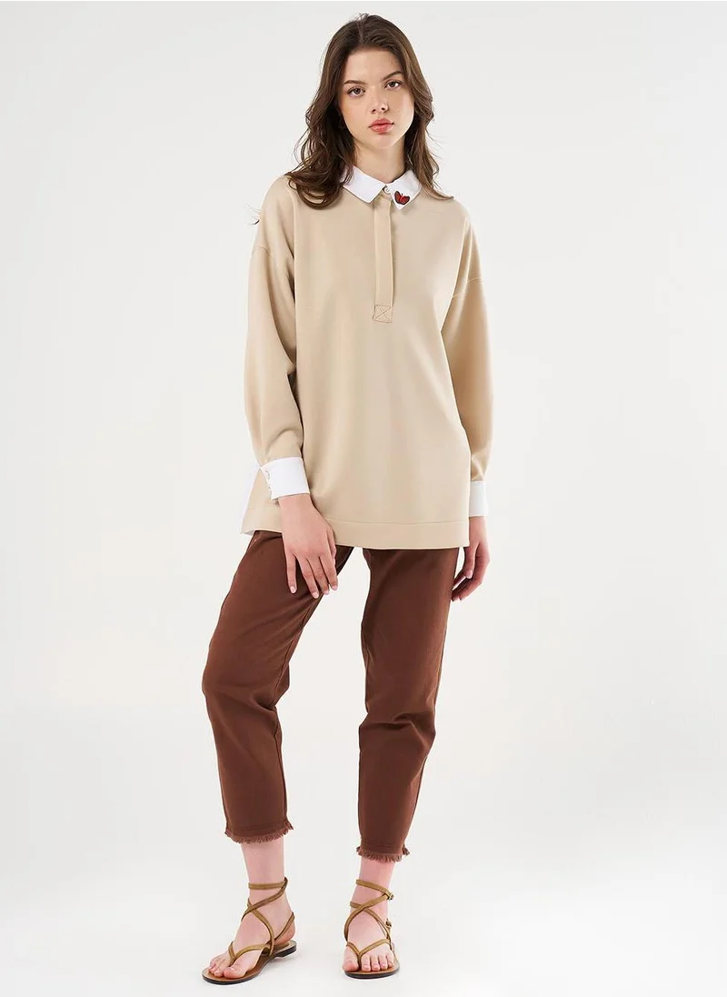 Kayra Buckle Detailed Scuba Sweatshirt Light Beige