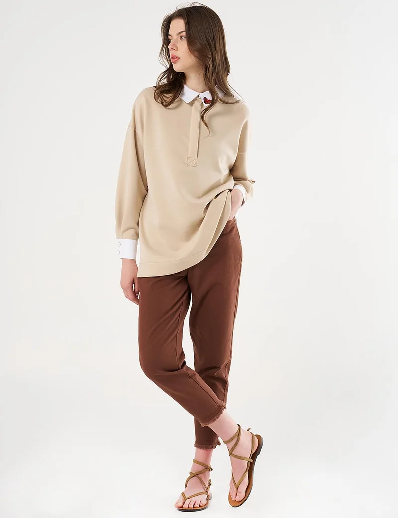 Kayra Buckle Detailed Scuba Sweatshirt Light Beige