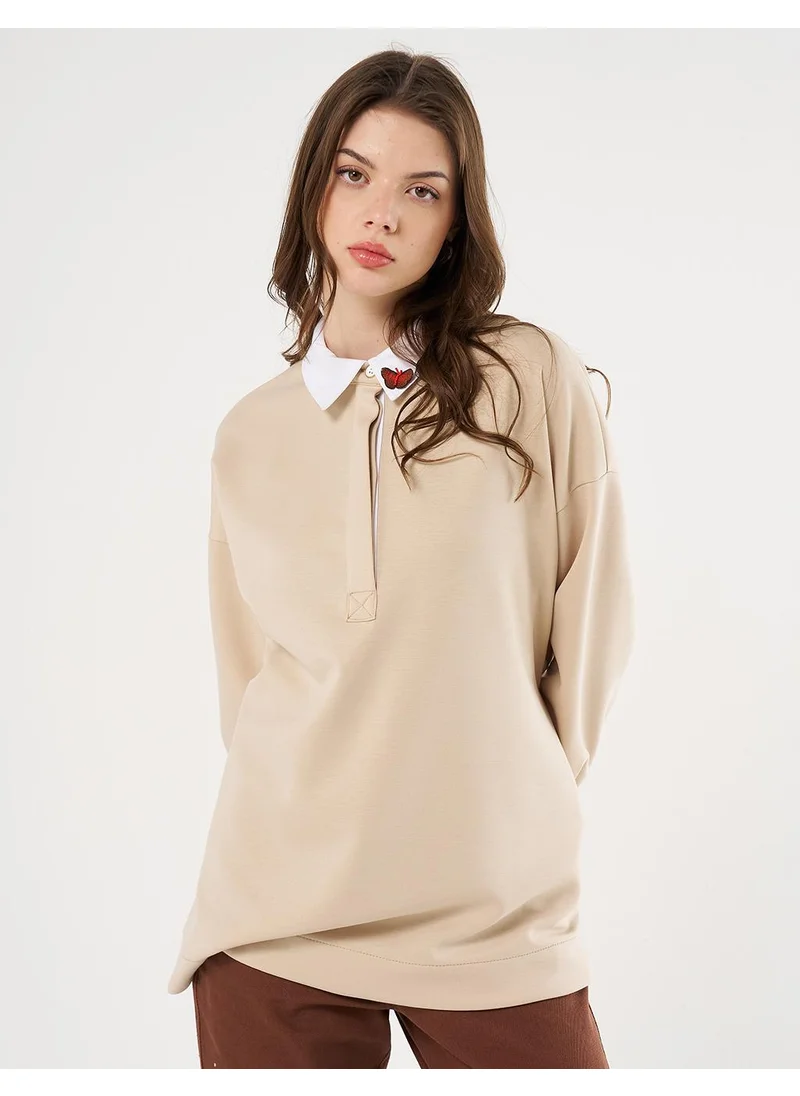 Kayra Buckle Detailed Scuba Sweatshirt Light Beige