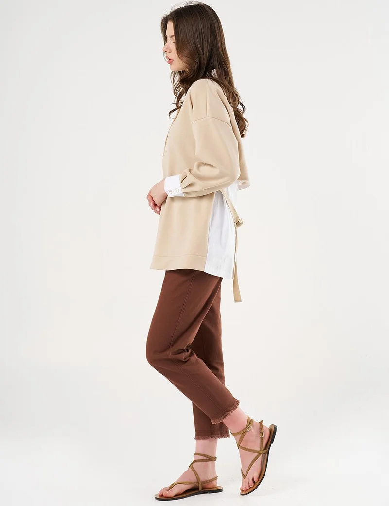 Kayra Buckle Detailed Scuba Sweatshirt Light Beige