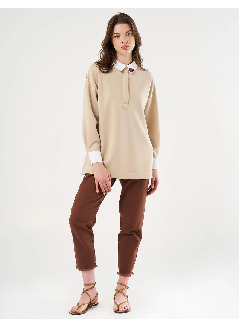 Kayra Buckle Detailed Scuba Sweatshirt Light Beige