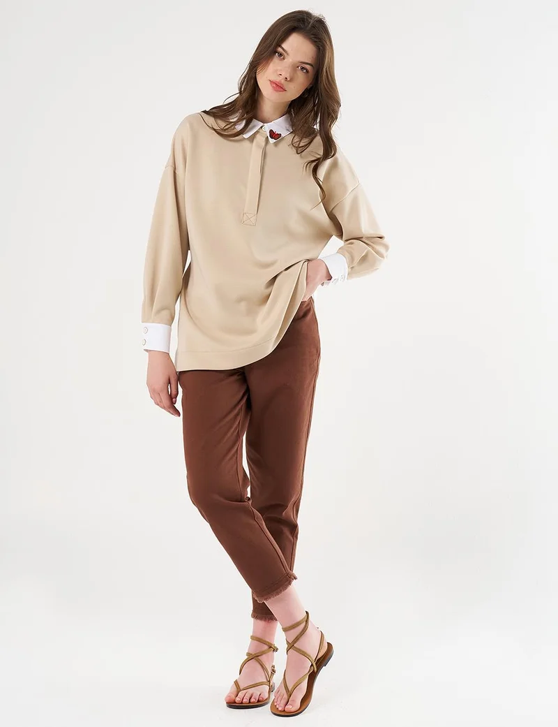 Kayra Buckle Detailed Scuba Sweatshirt Light Beige