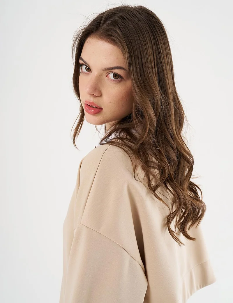 Kayra Buckle Detailed Scuba Sweatshirt Light Beige