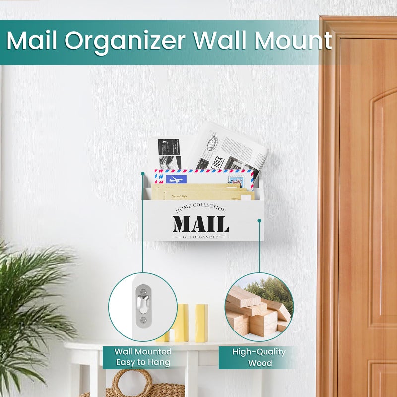 First-zgel Mail Organizer, Mail Holder with 2 Slots, Mail Basket for Wall Table Countertop, Wood Desk Mail Sorter Organizer,Bill Envelope Letter for Home Office (White) - Image 4