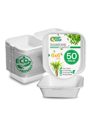 EcoEdge 6 Inch Square White Clamshell (Pack of 50) | Disposable Take Out Food Containers Made from Sugarcane Pulp | Plant Based, Natural, Durable, Chemical Free | For Everyday Use | 100% Biodegradable - pzsku/ZF7402B28691373676651Z/45/1749464547/58d7b290-6841-40b5-96d2-6be0a3d0dc15