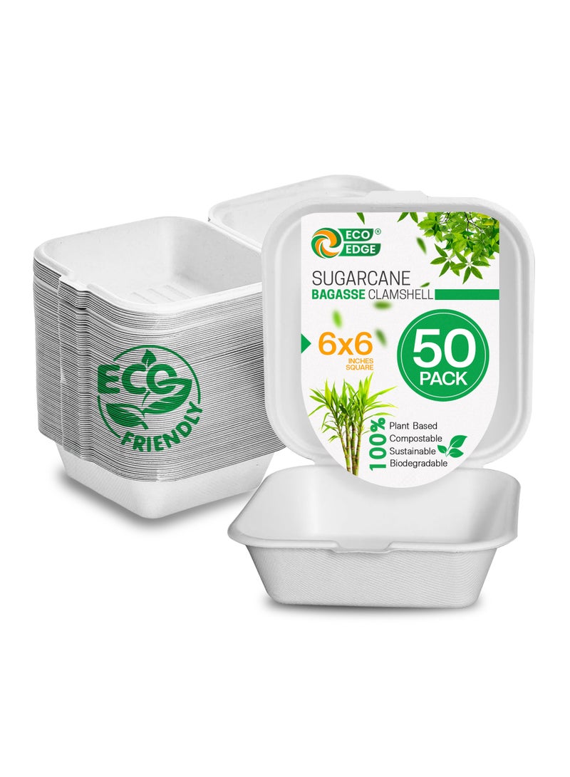 EcoEdge EcoEdge 6 Inch Square White Clamshell (Pack of 50) | Disposable Take Out Food Containers Made from Sugarcane Pulp | Plant Based, Natural, Durable, Chemical Free | For Everyday Use | 100% Biodegradable  - Image 1