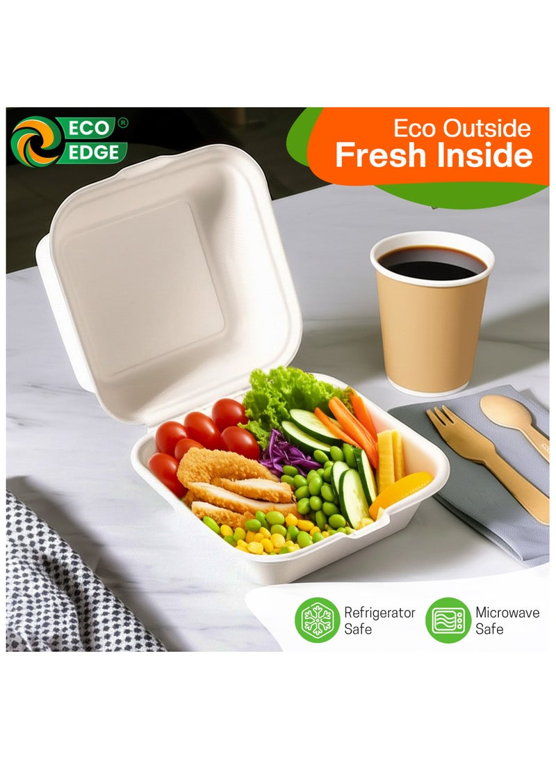 EcoEdge EcoEdge 6 Inch Square White Clamshell (Pack of 50) | Disposable Take Out Food Containers Made from Sugarcane Pulp | Plant Based, Natural, Durable, Chemical Free | For Everyday Use | 100% Biodegradable  - Image 3