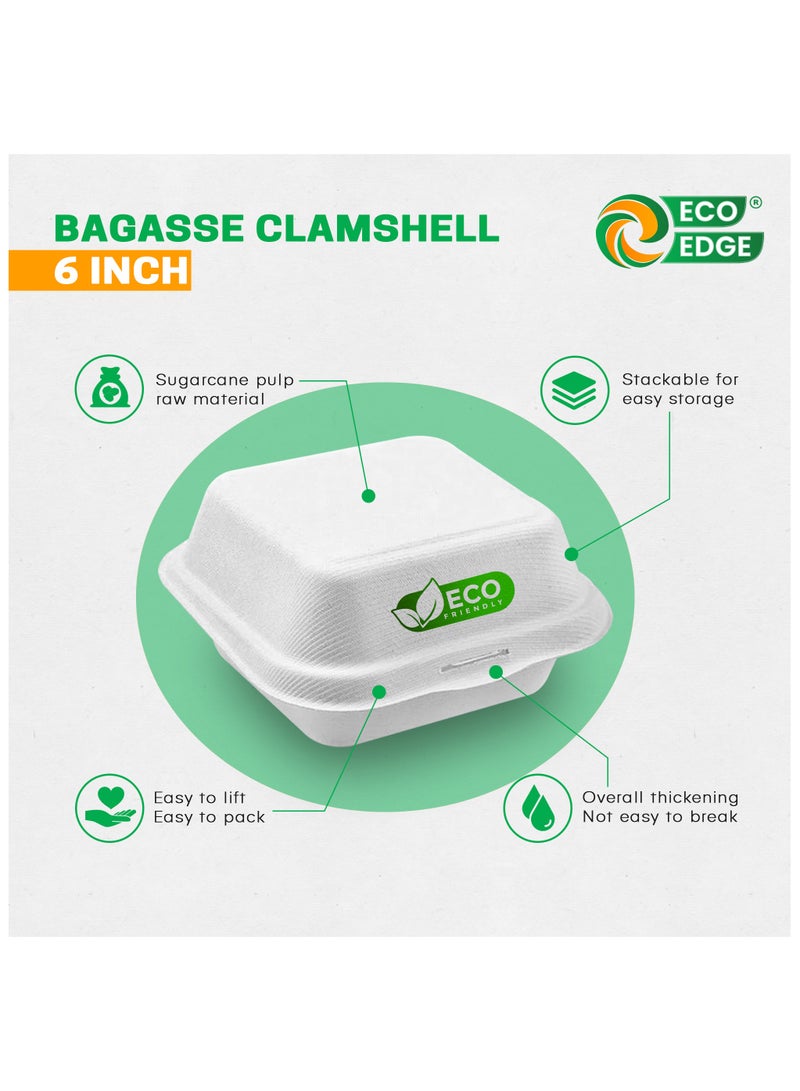 EcoEdge EcoEdge 6 Inch Square White Clamshell (Pack of 50) | Disposable Take Out Food Containers Made from Sugarcane Pulp | Plant Based, Natural, Durable, Chemical Free | For Everyday Use | 100% Biodegradable  - Image 2
