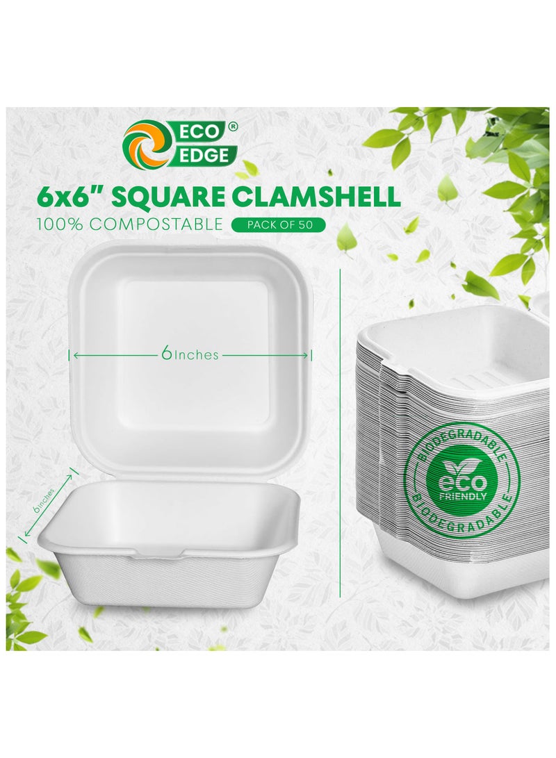 EcoEdge EcoEdge 6 Inch Square White Clamshell (Pack of 50) | Disposable Take Out Food Containers Made from Sugarcane Pulp | Plant Based, Natural, Durable, Chemical Free | For Everyday Use | 100% Biodegradable  - Image 4