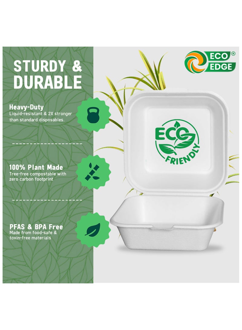 EcoEdge 6 Inch Square White Clamshell (Pack of 50) | Disposable Take Out Food Containers Made from Sugarcane Pulp | Plant Based, Natural, Durable, Chemical Free | For Everyday Use | 100% Biodegradable