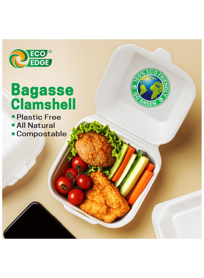 EcoEdge 6 Inch Square White Clamshell (Pack of 50) | Disposable Take Out Food Containers Made from Sugarcane Pulp | Plant Based, Natural, Durable, Chemical Free | For Everyday Use | 100% Biodegradable
