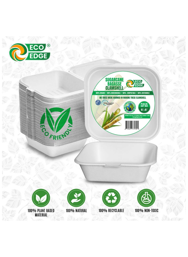 EcoEdge 6 Inch Square White Clamshell (Pack of 50) | Disposable Take Out Food Containers Made from Sugarcane Pulp | Plant Based, Natural, Durable, Chemical Free | For Everyday Use | 100% Biodegradable