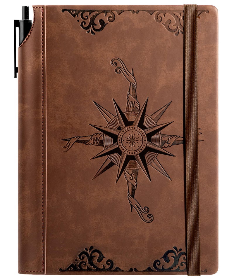 CAGIE Compass Leather Notebook Journal for Men, 100 GSM 288 Pages Lined Journals for Writing, A5 Hardcover Journaling Notebooks Gift Set with Pen for Travel Office Daily Writing - Image 1