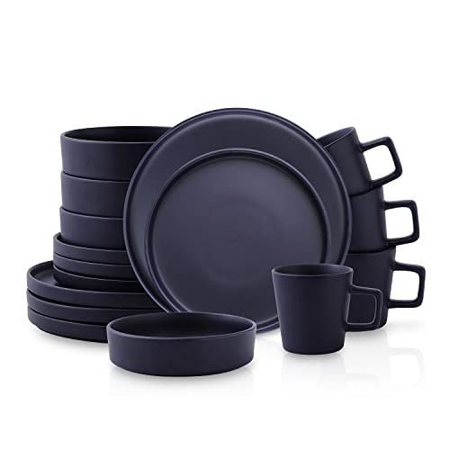 Stone Lain Cleo Modern Stoneware 16-Piece Dinnerware Set, Plates and Bowls Set, Dish Set Service For 4, Dark Blue - Image 1