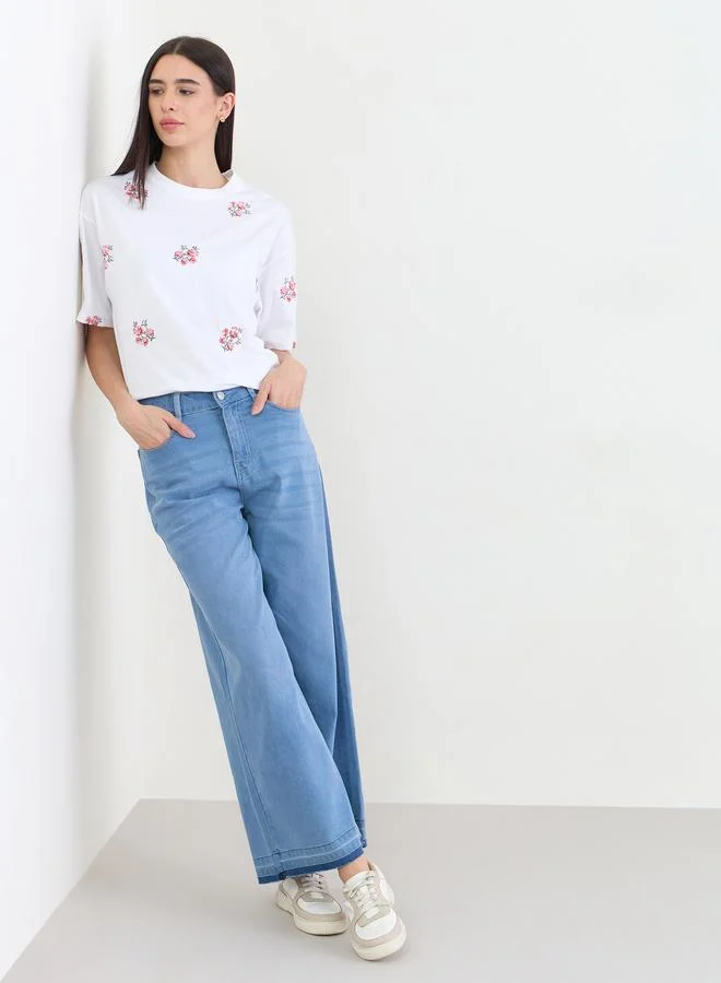 Styli White Oversized Floral Embroidered 100% Cotton T- Shirt