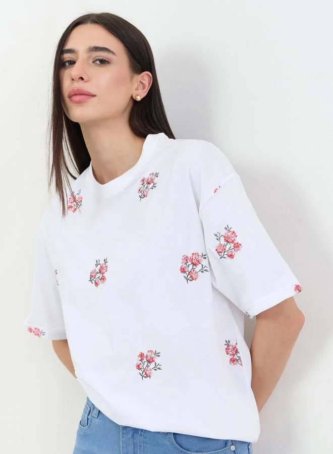 Styli White Oversized Floral Embroidered 100% Cotton T- Shirt