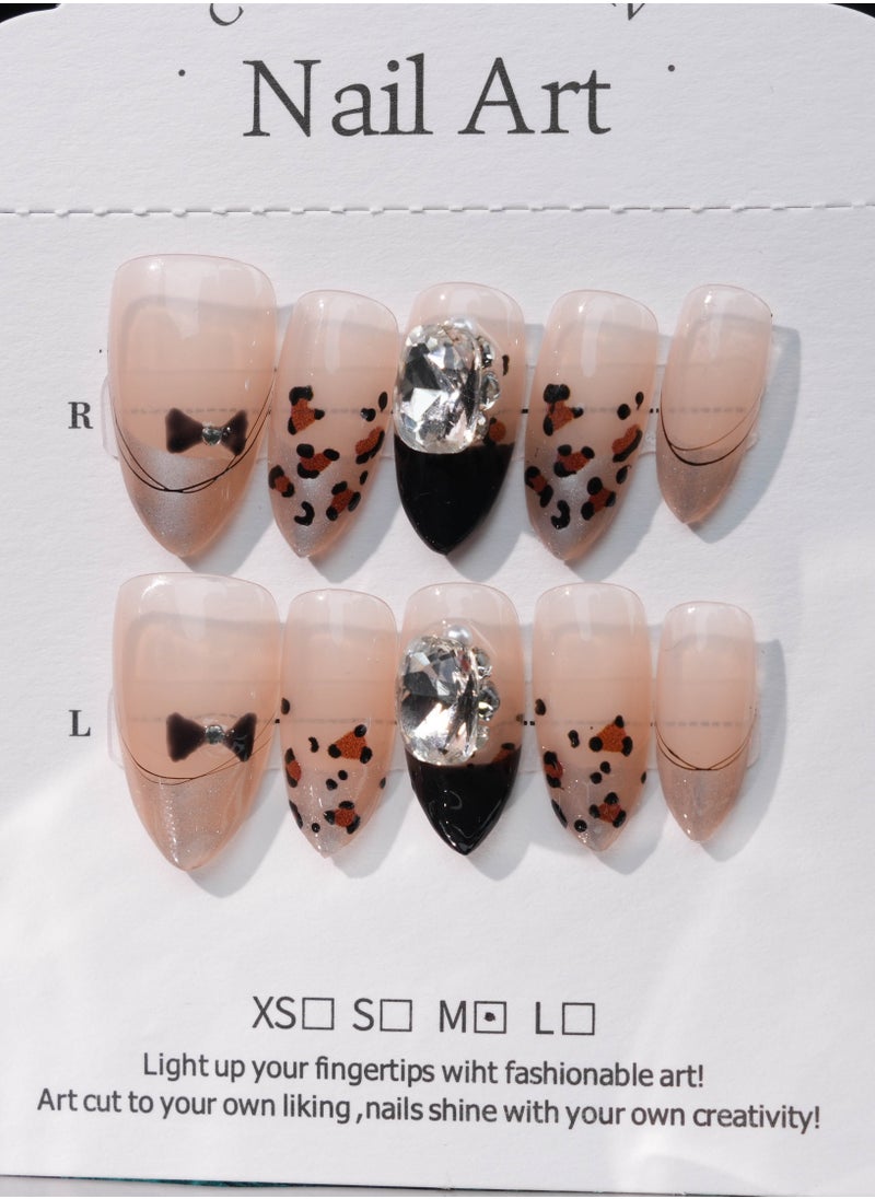 SC Nails - Chic Leopard Rhinestone French Tip Press-On Nails – Nude and Black Gradient with Bow Details - Image 1