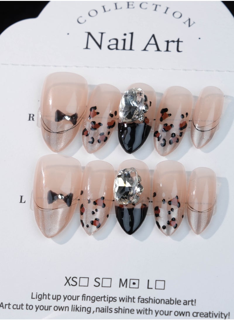 SC Nails - Chic Leopard Rhinestone French Tip Press-On Nails – Nude and Black Gradient with Bow Details - Image 1