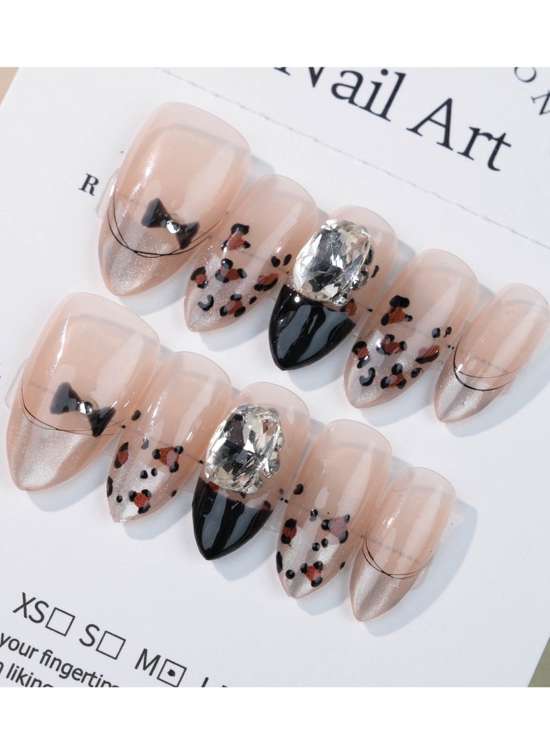 SC Nails - Chic Leopard Rhinestone French Tip Press-On Nails – Nude and Black Gradient with Bow Details - Image 1