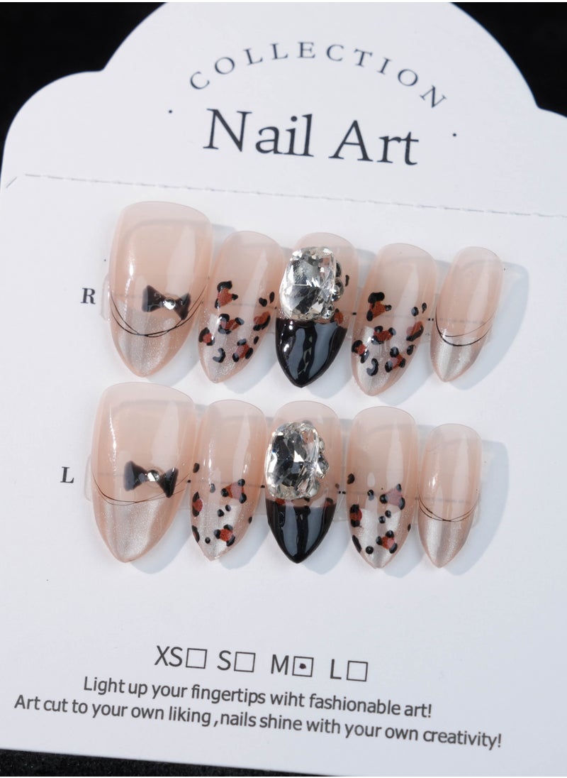 SC Nails - Chic Leopard Rhinestone French Tip Press-On Nails – Nude and Black Gradient with Bow Details - Image 1
