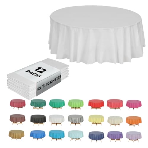 EVER SHINE Evershine 3X Thicker Heavy Duty Plastic Table Covers Round Tablecloth, Disposable Tablecloth 12 Pack Round 84" White - Image 1